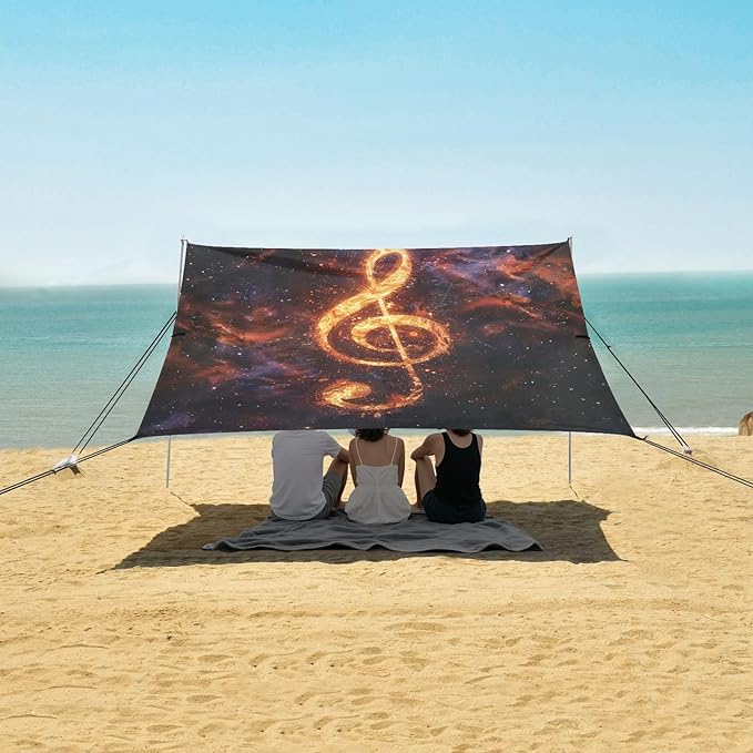 ALAZA Fire Music Clef in Space Beach Tent Sun Shelter Portable Canopy Sunshade for Outdoor Camping Picnics Backyard Fun 10x9 ft