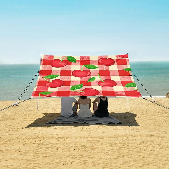 Beach Canopy with Windproof Ropes &amp Sandbags Beach Tent Sun Shade Sun Shelter for Camping Trips Fishing Backyard Fun or Picnics Cherry