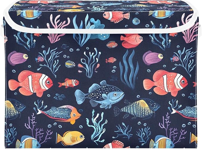 Fish and Coral Storage Cube Bins Basket with Lid Collapsible Flip-top Fabric with Handle for Home Bedroom Closet Office 16.5×12.6×11.8 in