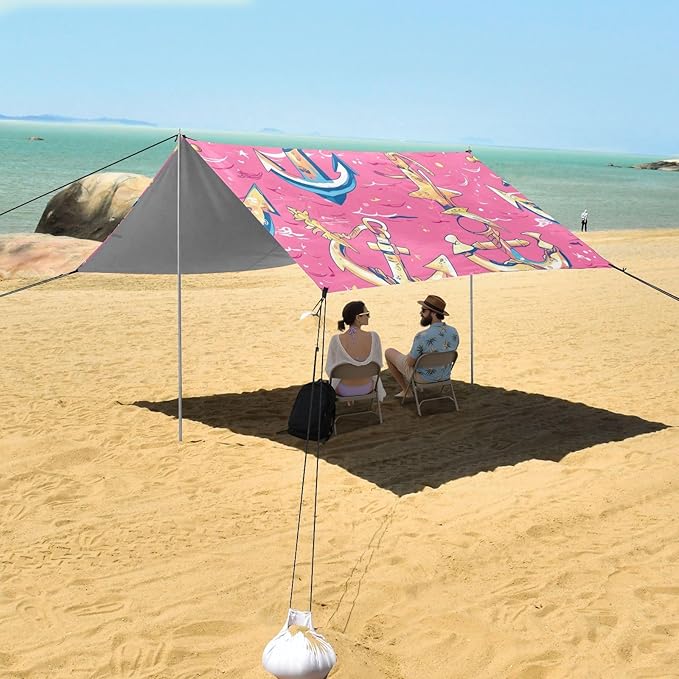 Hand Drawn Sea Ship Ocean Beach Tent UPF50 Waterproof Shade Sun Shelter with Sandbags Sand Shovel Poles for Camping Fishing Backyard Fun