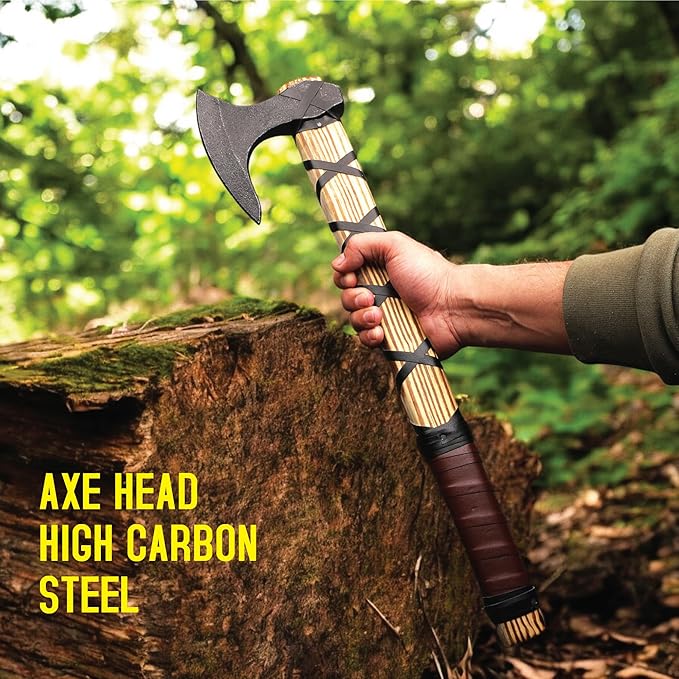Viking Axe of Ragnar Lothbrook Carbon Steel Blade Rosewood Handle Camping Axe Viking Axes Hatchet Real Tomahawk Gift Wood Splitting Axe Birthday Gift with Premium Leather Sheath