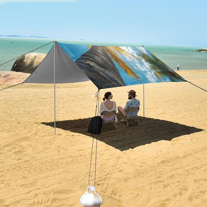 Summer Palm Trees Beach Tent Sun Shelter Set UPF50+ UV Protection 10.5 x 9.19 FT Camping Shade Canopy with Sandbags Sand Anchors Carrying Bag and Others