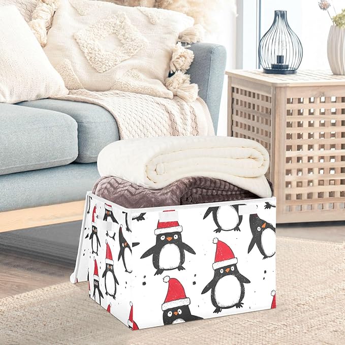 Collapsible Storage Bins with Lids Decorative Fabric Storage Cubes Closet Organizer and Storage Basket Boxes Containers for Clothes Box Chest Nursery Folding Rectangle White Penguin Christmas