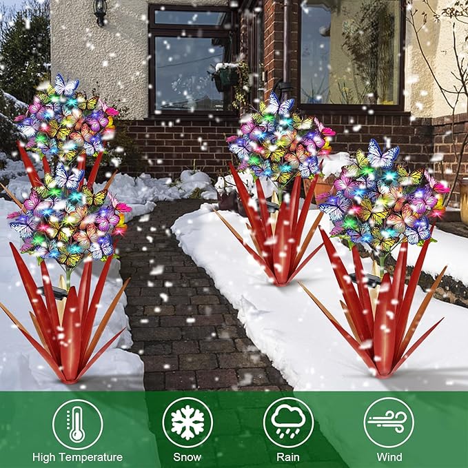 Homight Solar Metal Agave Butterfly Flower Stick Garden Sculpture - Outdoor Christmas Lights Swaying Solar Lights Gift (2 PCS RED)