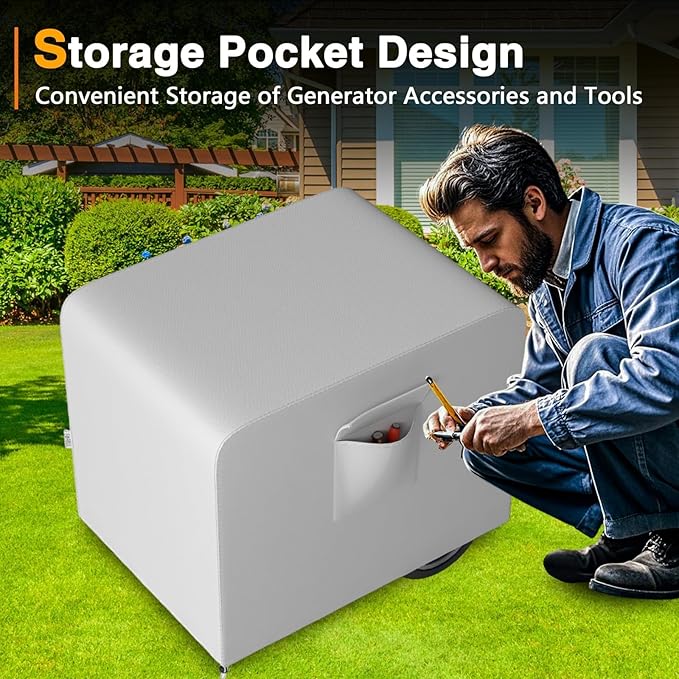 Generator Cover 32”L x 24”W x 24”H Heavy Duty Waterproof 420D All-Weather Generator Cover with Storage Pocket Compatible with Most Generators 5000-10000 Watt (Gray)