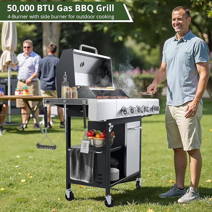 HUGROVE 50000 BTU Propane Gas Grill 4 Burner BBQ Grill with Side Burner Stainless Steel Outdoor Grill with Wheels for Patio Backyard &amp Outdoor Cooking (Silver &amp Black)