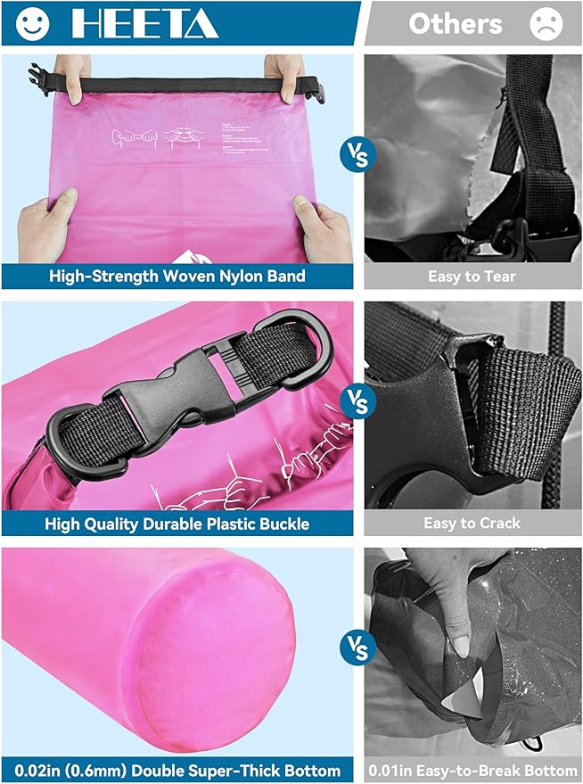 HEETA Waterproof Dry Bag with Phone Case Bundled with Upgraded Version with Emergency Whistle for Women Men Roll Top Lightweight Dry Storage Bag Backpack (Pink 5L)