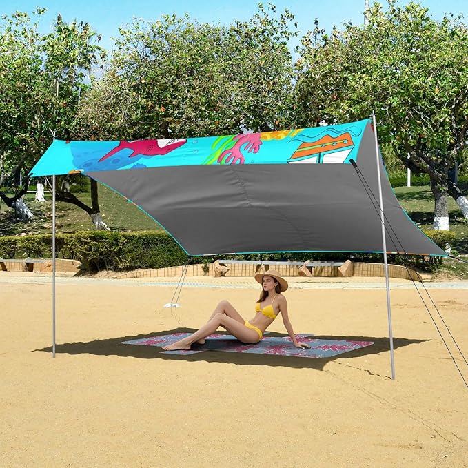 xigua Ocean Beach Tent Sun Shelter with Carrying Bag - Silver Coated Oxford Fabric Beach Canopy for Beach Camping Fishing - Includes Windproof Ropes Sandbags &amp Stakes
