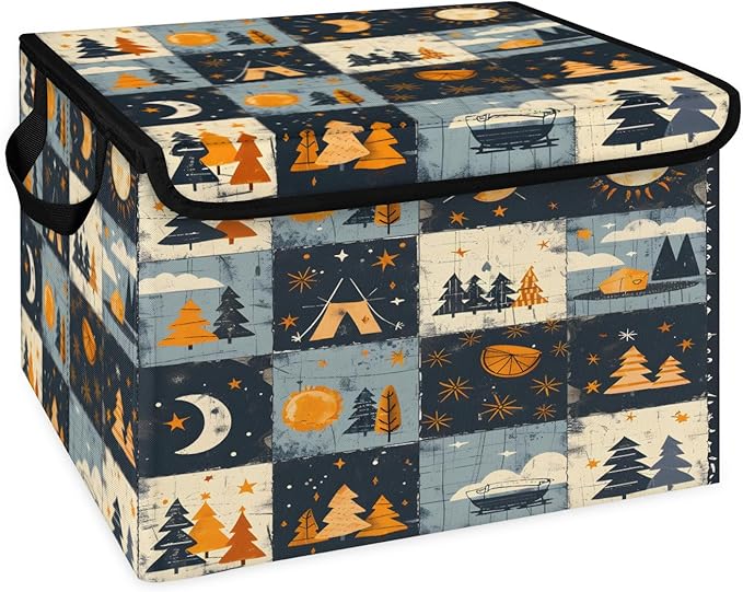 Rustic Trees Storage Basket with Lid Sun Moon Foldable Storage Box Fabric Storage Bins with Carrying Handles for Home Bedroom Closet Organization
