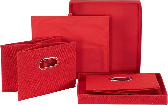 Household Essentials Storage Bins with Lids and Chromed Grommet Handles Set of 2 Textured Linen Look Red