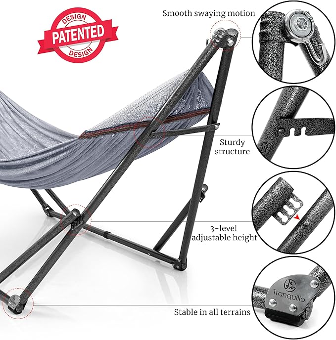 Tranquillo Universal Double Hammock with Stand Included for 2 Persons/Foldable Hammock Stand 600 lbs Capacity Portable Case - Inhouse Outdoor Camping Grey