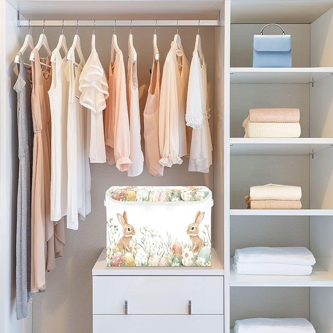 Christmas Storage Baskets with Lids Watercolor Cute Bunnies Easter Collapsible Bins Stackable Fabric Linen Baskets Closet Organizer Container 16.5x12.6x11.8