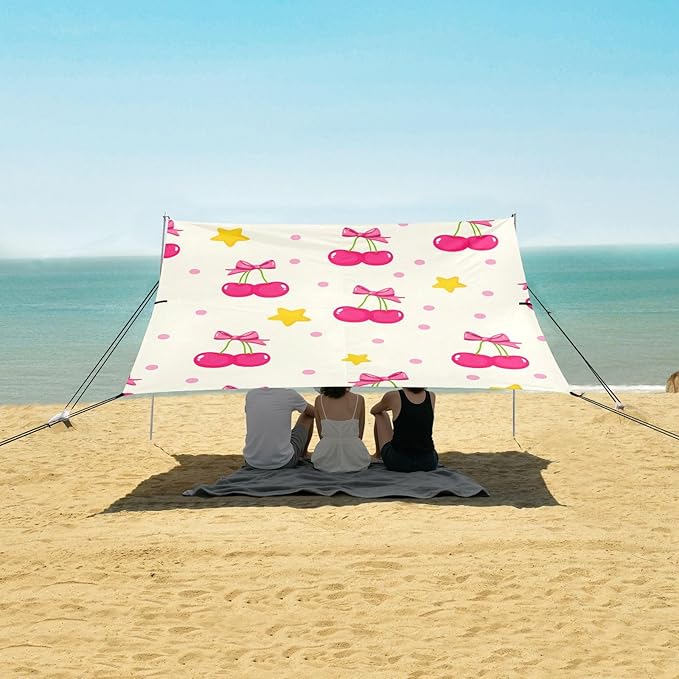 Beach Canopy with Windproof Ropes &amp Sandbags Beach Tent Sun Shade Sun Shelter for Camping Trips Fishing Backyard Fun or Picnics Cherry