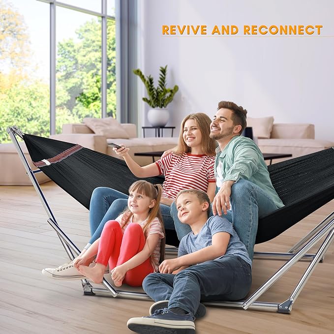 Tranquillo Double Hammock with Stand 650lb Capacity Double Hammock with Spreader Bar Solid Grade 201 Stainless Steel 30s Set Up Sturdy Flexible Hammock Stand Portable Outdoor Indoor Black