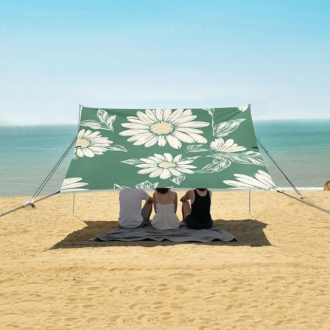 ALAZA Vintage Daisy and Flowers Green Beach Tent Sun Shelter Portable Canopy Sunshade for Outdoor Camping Picnics Backyard Fun 10x9 ft