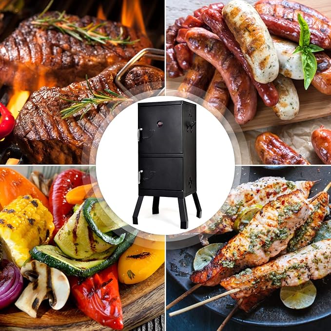DORTALA Vertical Charcoal Smoker Outdoors Charcoal Barbeque Smoked Carbon Oven Iron Structure w/Two Chrome-plated Nets Two Charcoal Pots Suitable for Lawn Picnic Backyard BBQ (Black)