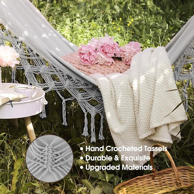 MOSFiATA Backyard Hammock with Tassels Max 500lbs Canvas Fabric Bohemian Style with Thickened Rope and Carry Bag for Outdoor Garden Patio Wedding Decor (Gray)