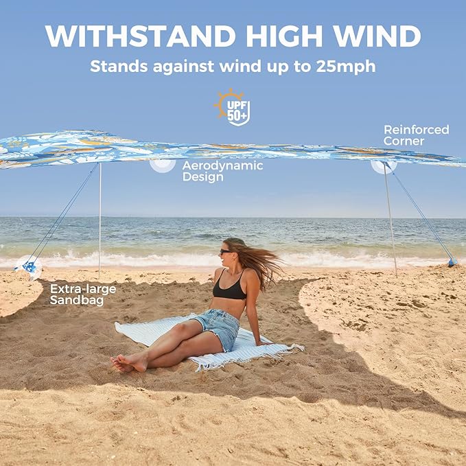 WEKAPO Beach Tent Sun Shelter - Easy Setup Beach Canopy with 4 Sturdy Poles Extra Large Sandbags and Shovel 7'8'' Tall Windproof Sun Shade for Backyard and Camping UPF 50+ Protection