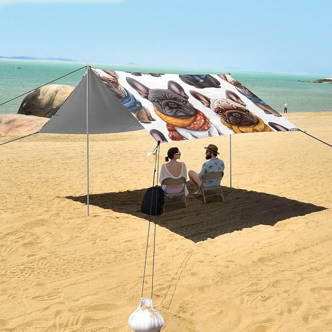 ALAZA French Bulldogs with Hat Dogs Beach Tent Sun Shelter UPF50+ Protection Beach Shade Canopy w/ 4 Sandbags for Outdoor Camping Fishing Backyard Fun Picnic 10x9 ft
