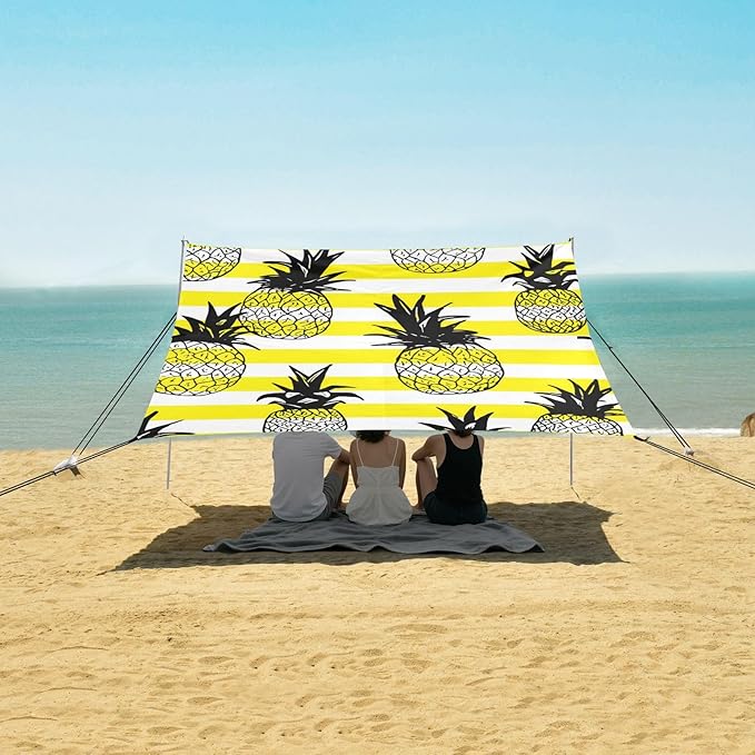 Beach Canopy with Windproof Ropes &amp Sandbags Beach Tent Sun Shade Sun Shelter for Camping Trips Fishing Backyard Fun or Picnics Pineapple