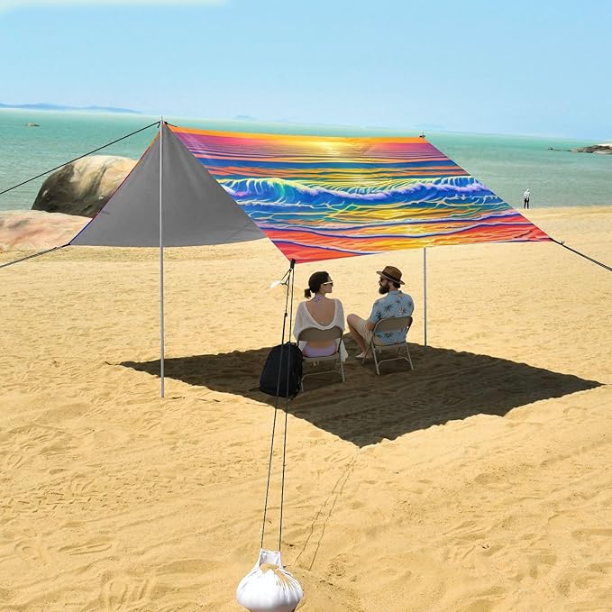 Beach Canopy with Windproof Ropes &amp Sandbags Beach Tent Sun Shade Sun Shelter for Camping Trips Fishing Backyard Fun or Picnics Sunset