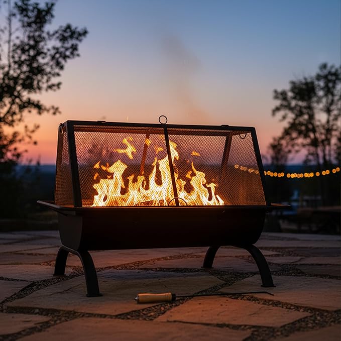 Sunnydaze 36-Inch Northland Steel Outdoor Fire Pit with Grill - Outdoor Fireplace with Cooking Grate Spark Screen Cover and Poker