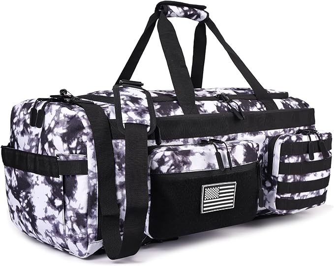 LHI 50L Tactical Duffle Bag for Men 3-in-1 Gym Duffle and Backpack Shoe Compartment Laptop Sleeve and MOLLE Carry-On Travel Weekender and Overnight Bag – Black and White