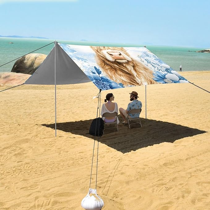ALAZA Watercolor Highly Cow Blue Flower Beach Tent Sun Shelter Portable Canopy Sunshade for Outdoor Camping Picnics Backyard Fun 10x9 ft