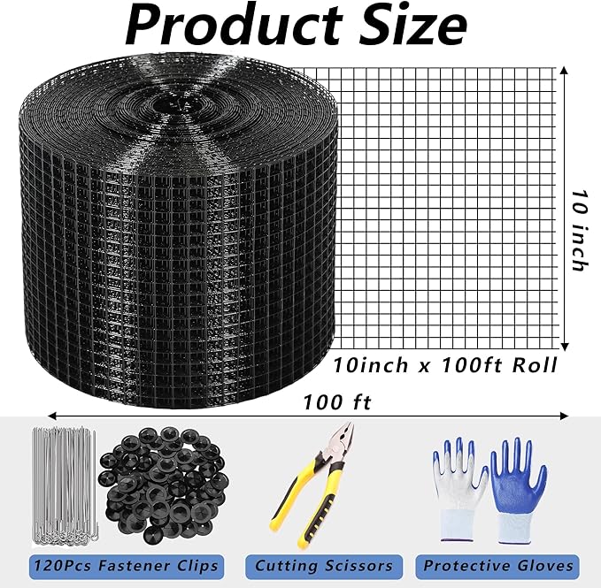10in X 100ft Critter Guard for Solar Panels 1/2inch PVC Coated Solar Panel Guard Critter Guard Roll Kit for Solar Panel Wire Mesh Black Pigeon Barrier with 120pcs Fasteners Cutting Scissor Gloves