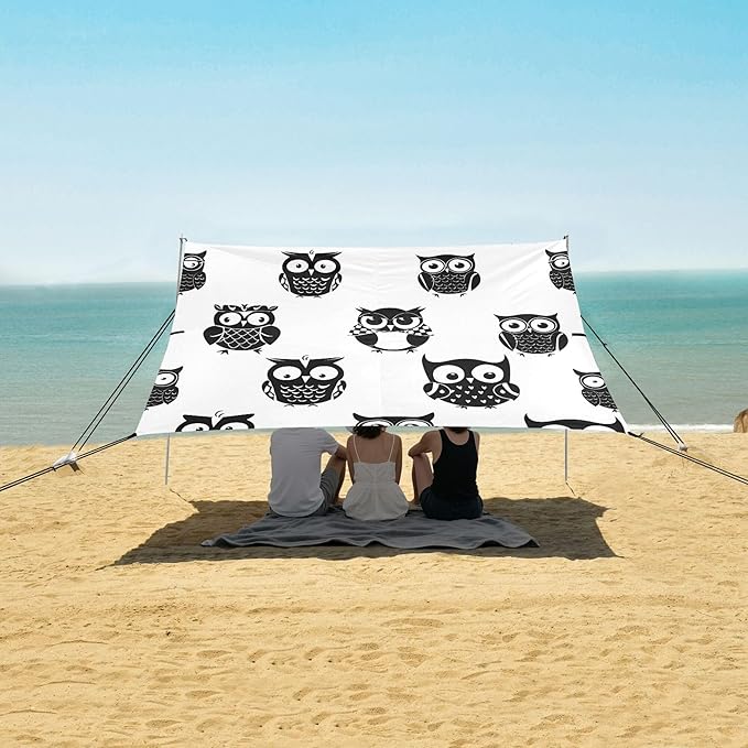 Owl Beach Canopy Sun Shelter with Sandbags &amp Sand Shovel &amp Windproof Ropes - Portable 110x126 Beach Shade Beach Tent for Camping Picnics