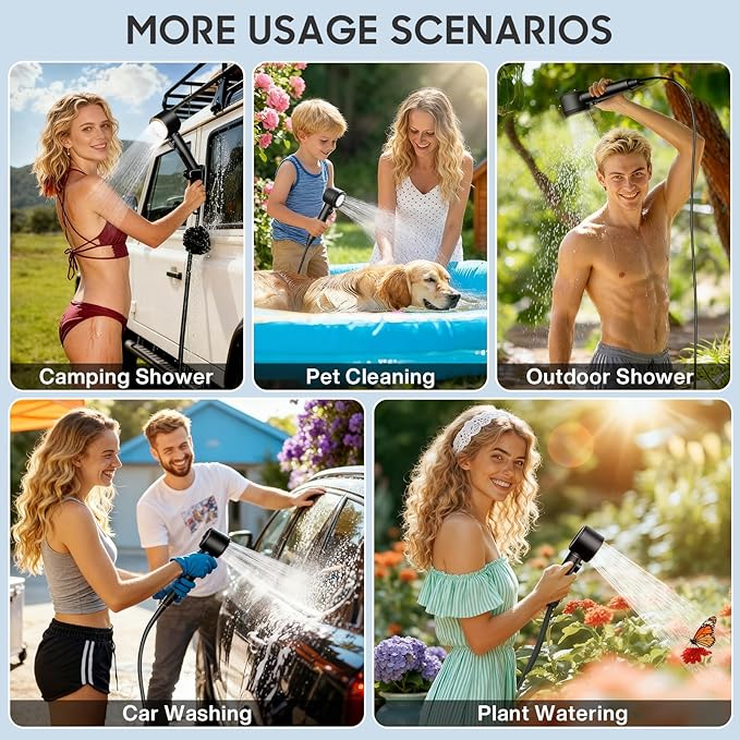 Portable Shower for Camping 8000mAh Rechargeable Camping Shower with 5 Adjustable Speeds 4 Spray Modes LED Display Kit for Hiking Travel Car Pet