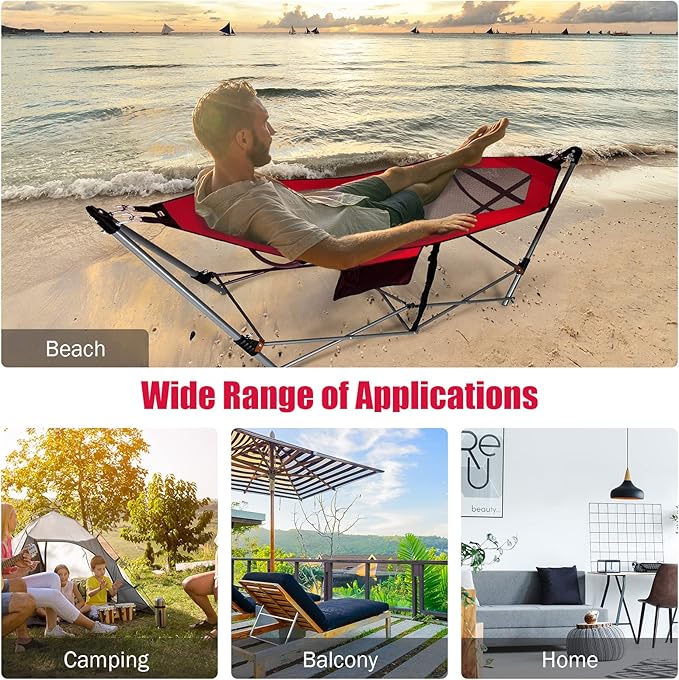 Portable Folding Hammock w/Side Pocket Lounge Camping Bed w/Metal Stand &amp Anti-tip Buckles Outdoor Camping Hammock with Carrying Bag for Patio Garden Yard Easy Assembly (Red)