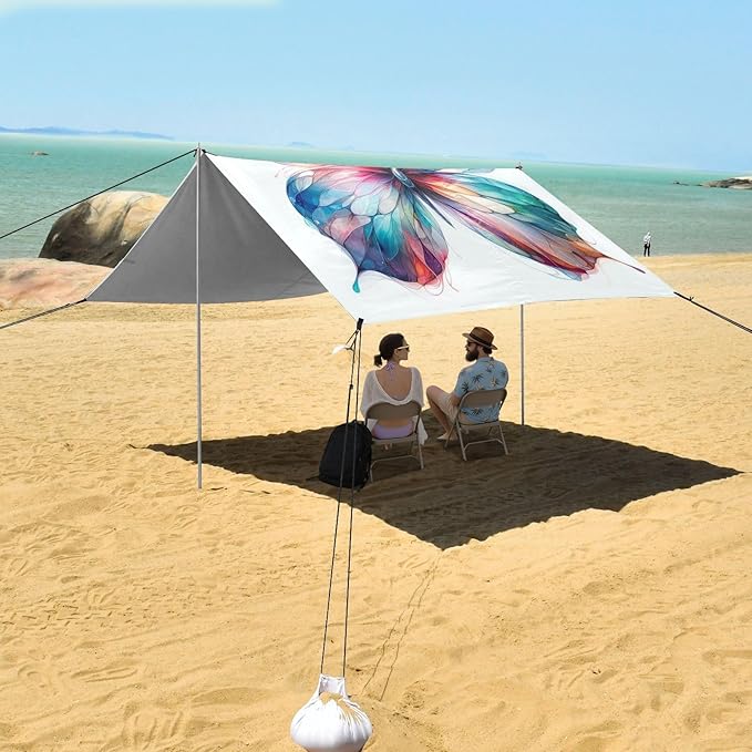 ALAZA Butterfly Watercolor Beach Tent Sun Shelter UPF50+ Protection Beach Shade Canopy w/ 4 Sandbags for Outdoor Camping Fishing Backyard Fun Picnic 10x9 ft