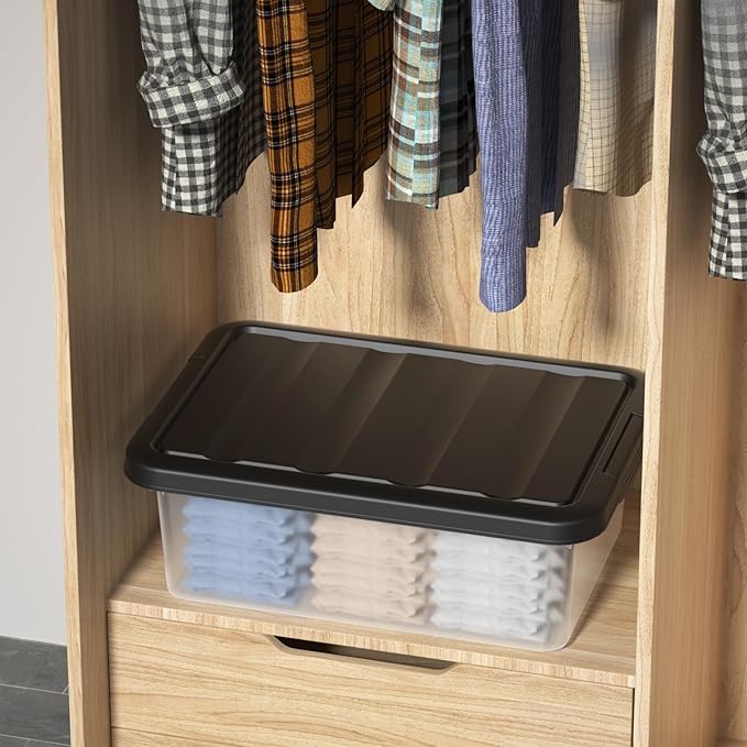 Vcansay 2 Pack 14 Quart Plastic Clear Latching Storage Container Frosted Stackable Bin with Black Lid Under Bed Storage Boxes for Closet Pantry Home Organization