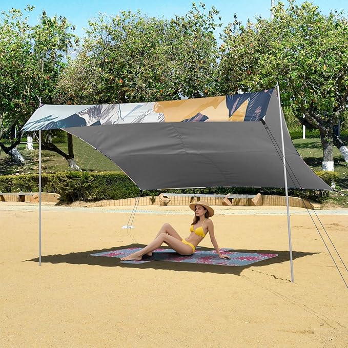 Beach Canopy with Windproof Ropes &amp Sandbags Beach Tent Sun Shade Sun Shelter for Camping Trips Fishing Backyard Fun or Picnics Mountain