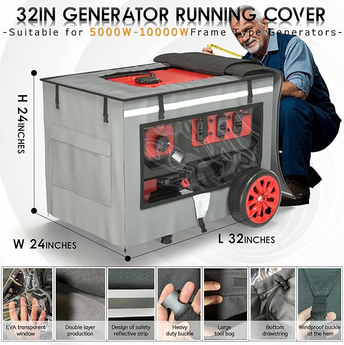 Generator Covers While Running 32x24x24 Inches Generator Covers for Outside Heavy Duty Dustproof/Waterproof 1680+400D Double Layer for 5000W-10000W Frame Generators Grey