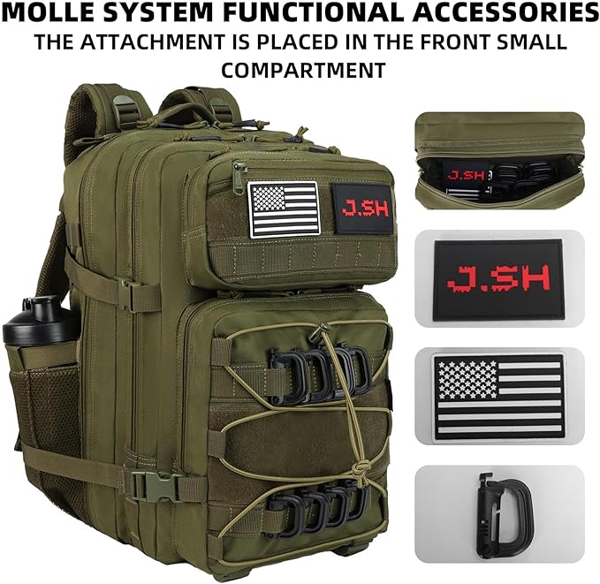 J.SH Large Military Tactical Backpack for Men EDC MOLLE Backpack 900D Oxford Nylon 3-Day Assault Rucking Pack Heavy-Duty Tactical Gear for Outdoor HikingRugged Survival&ampBug Out Bag-45L Army G
