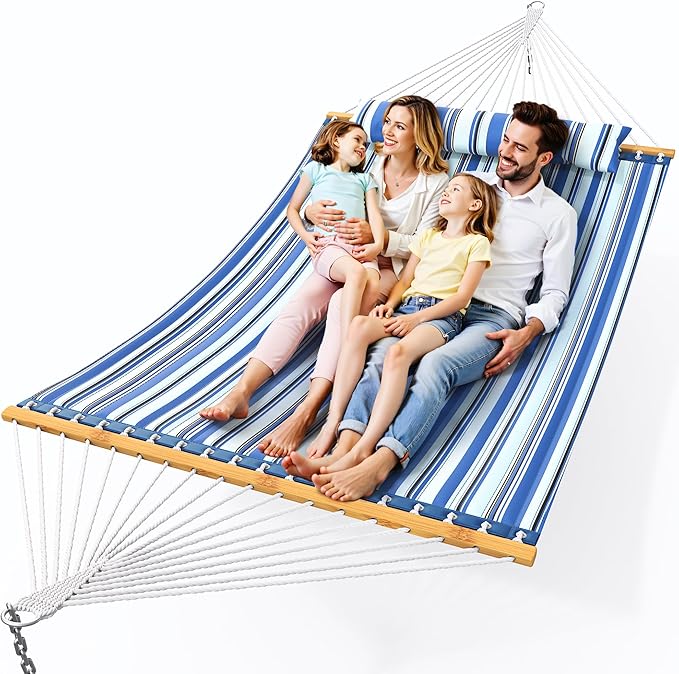 Everyfun Double Hammock with Spreader BarSoft PillowMax Load 500lbsPortable Hammock for OutdoorCampingand BackyardBlue