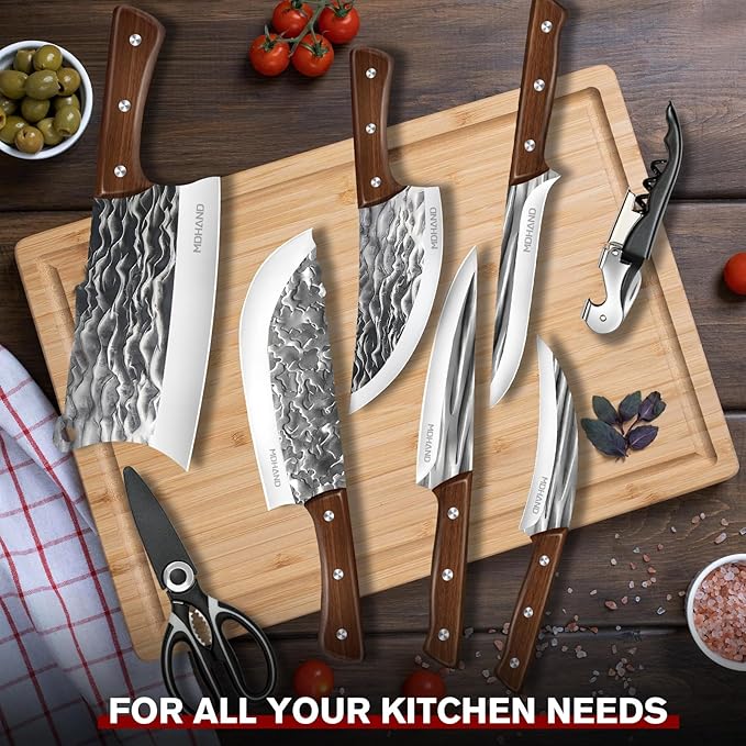 MDHAND Butcher Knife Set Hand Forged Butcher Chef Knife Set with Roll Bag Sharp Heavy Duty Bone Chopper Knives &amp Boning Knife for BBQ Outdoor Camping Meat Cleaver Tools Gifts for Men Women