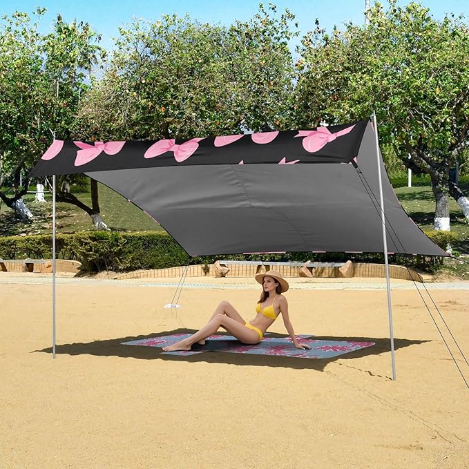 ALAZA Pink Bow Black Background Pattern Beach Tent Sun Shelter Portable Canopy Sunshade for Outdoor Camping Picnics Backyard Fun 10x9 ft