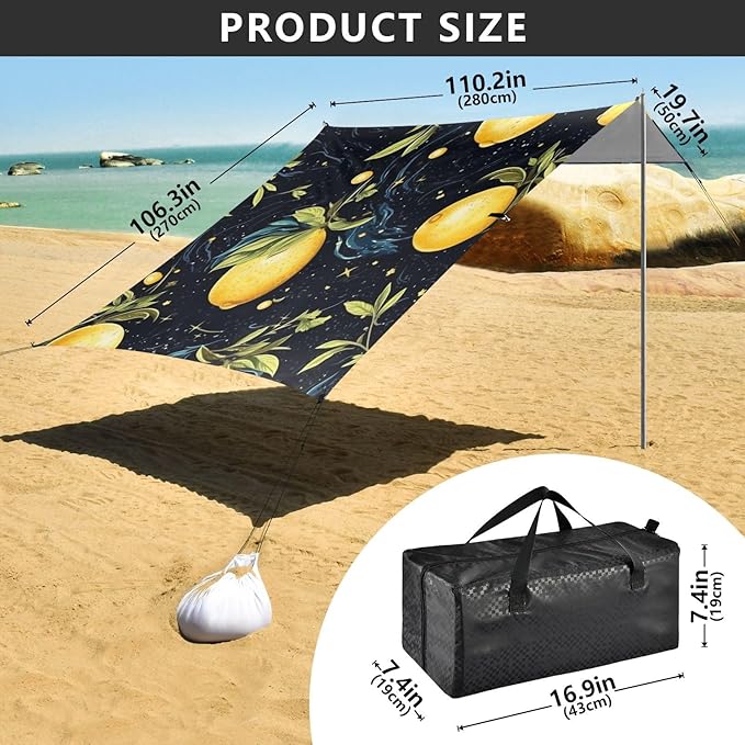 ALAZA Lemon Starry Night Galaxy Beach Tent Sun Shelter Portable Canopy Sunshade for Outdoor Camping Picnics Backyard Fun 10x9 ft