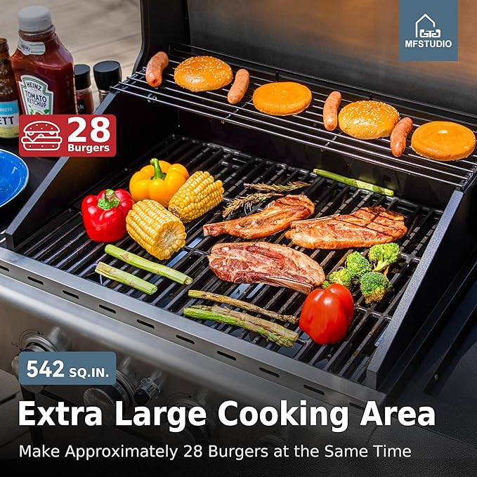 MFSTUDIO 4-Burner BBQ Propane Grill with Searing Side Burner Porcelain-Enameled Cast Iron GratesThicker and taller lid Stainless Steel Gas Grills for Outdoor and Patio Barbecue Cooking
