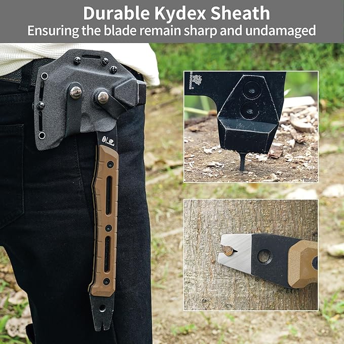 HX OUTDOORS Multifunctional Splitting Axe Full Tang Survival Camping Tactical Wood HatchetCamp Bushcraft Hand Axes with Hammer and Nail Puller (Brown)