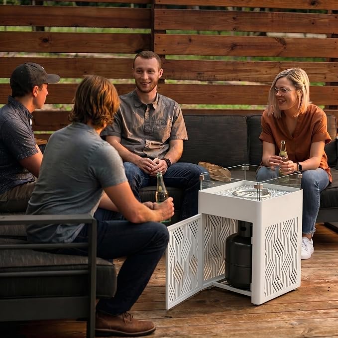 18 Aluminum Propane Fire Pit Table with 45000 BTU Square Outdoor Gas Fire Table with Glass Wind Guard Glass Stones &amp Waterproof Cover Patio Fire Table for Balcony Backyard Porch White