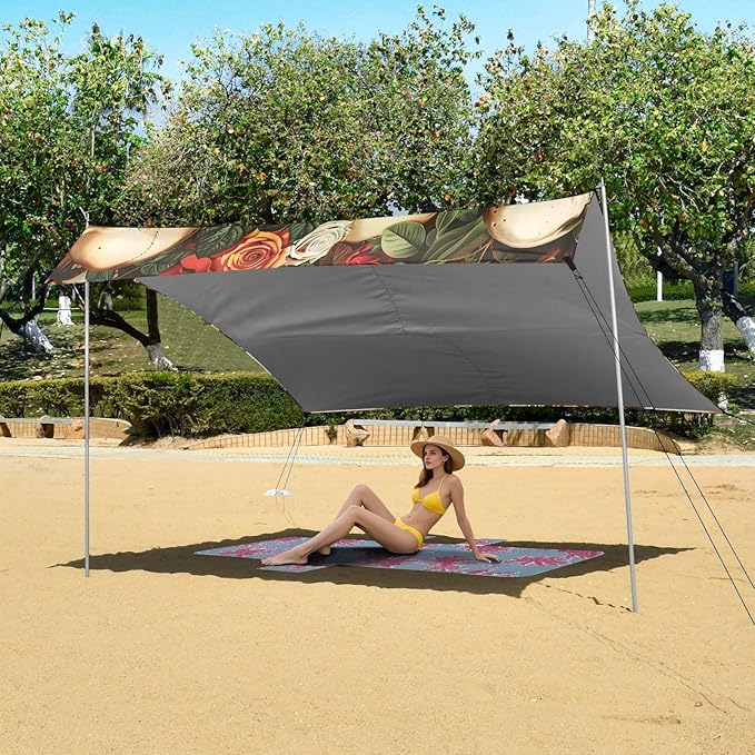 ALAZA Skull Red Rose Flowers Beach Tent Sun Shelter UPF50+ Protection Beach Shade Canopy w/ 4 Sandbags for Outdoor Camping Fishing Backyard Fun Picnic 10x9 ft