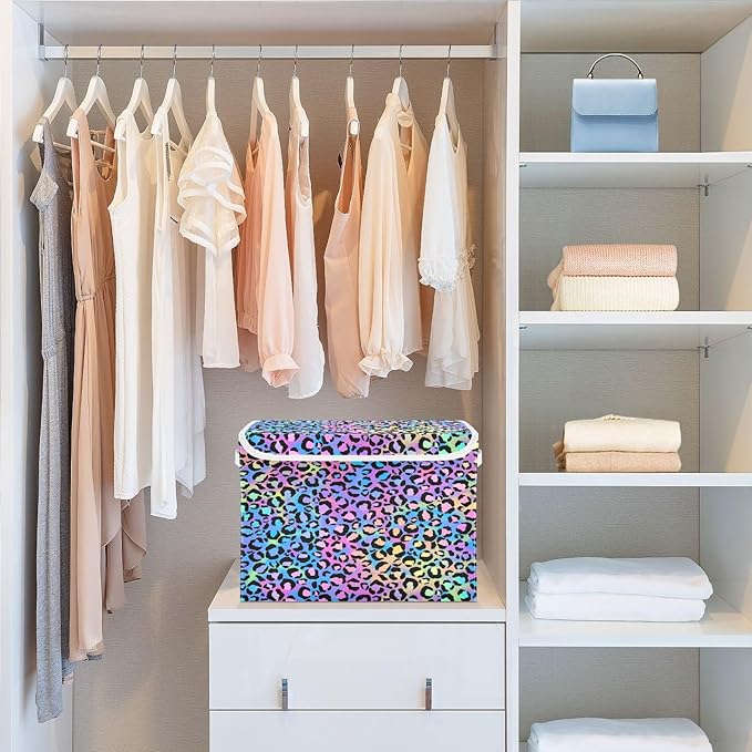 Holographic Leopard Print on Gradient Storage Boxes with Lids Stackable Closet Organizers Containers for Clothes for