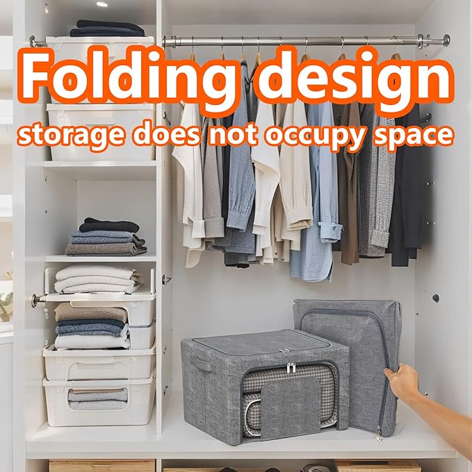 Stackable Clothes Storage Bins with Metal Frame 4 Piece Stackable Clothes Organizer with Double Opening + Clear Window Design for Cabinets Under Beds Storage and Garage Gray 2 * 22 L + 2 * 64 L