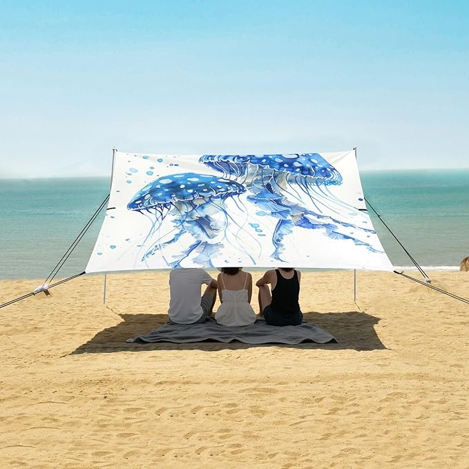 ALAZA Watercolor Blue Spotted Jelly Fish Aquarium Life Marine Animals Ocean Deep Sea Beach Tent Sun Shelter Portable Canopy Sunshade for Outdoor Camping Picnics Backyard Fun 10x9 ft