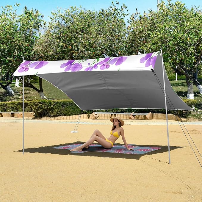 Beach Canopy with Windproof Ropes &amp Sandbags Beach Tent Sun Shade Sun Shelter for Camping Trips Fishing Backyard Fun or Picnics Purple Flowers