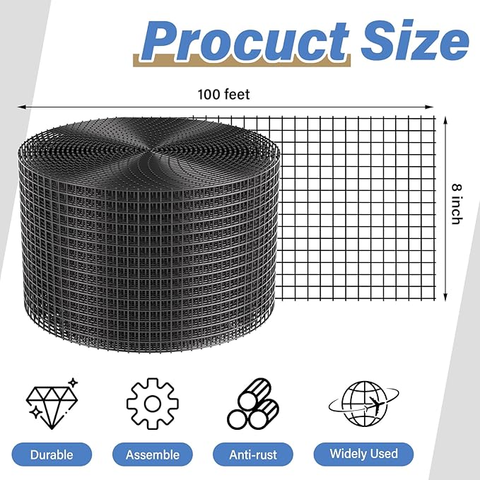 Solar Panel Bird Guard8in x 100ft Critter Guard Galvanized PVC Coated Mesh Roll KitBlack Pigeon Solar Panel Mesh with 70 Fastener Clips ½ inch Wire Critter Guard for Solar Panels